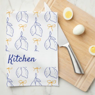 Linge De Cuisine Main personnalisée dessinée citrons bleu italien