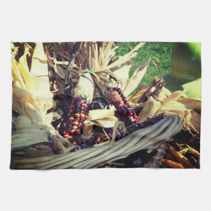 Linge De Cuisine Maïs Indien Coloré En Panier D'osier Automne