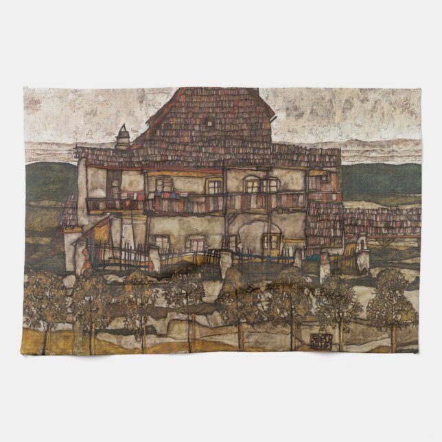 Linge De Cuisine Maison avec un toit de bardeaux par Egon Schiele (Horizontal)