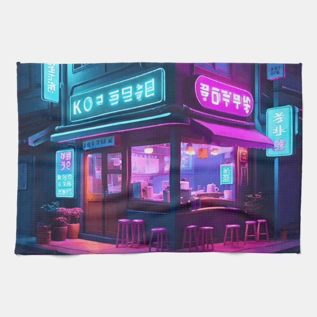 Linge De Cuisine Maison de café néon coréenne LoFi Art  (Horizontal)