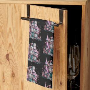 Linge De Cuisine Maison hantée rose et grise motif Halloween