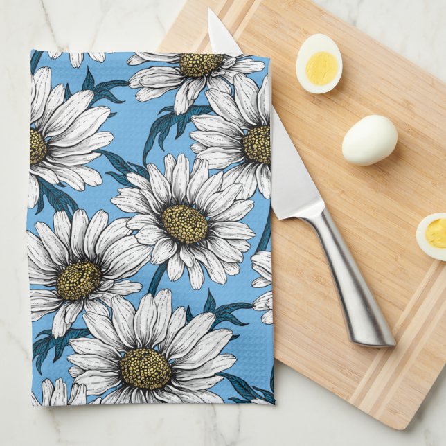 Linge De Cuisine Maisonnettes, fleurs sauvages sur bleu (Quart Plié)
