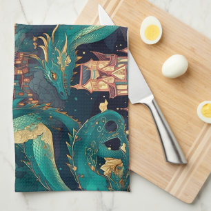 Linge De Cuisine Majestic Turquoise Dragons et Village