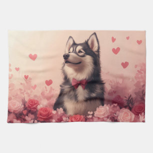 Linge De Cuisine Malamute d'Alaska avec des roses - Saint-Valentin