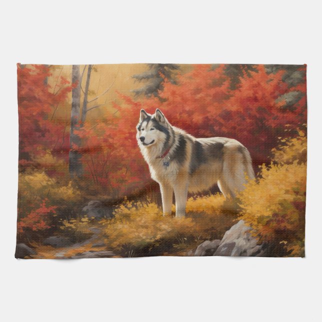 Linge De Cuisine Malamute en Alaska à l'automne Feuilles automne in (Horizontal)