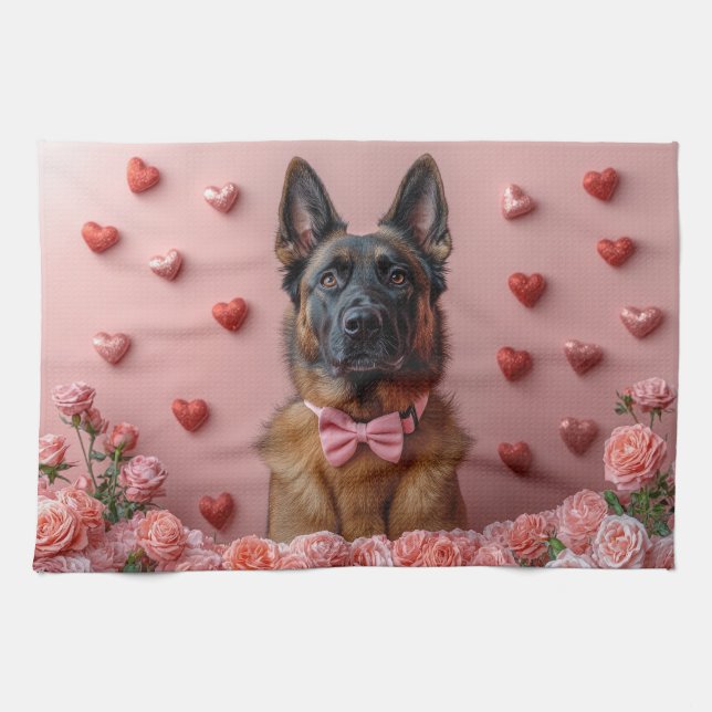Linge De Cuisine Malinois belge avec Rose - Saint Valentin (Horizontal)