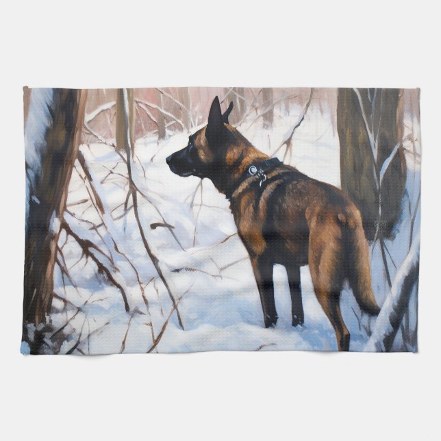 Linge De Cuisine Malinois Belge Qu'il neige Noël (Horizontal)
