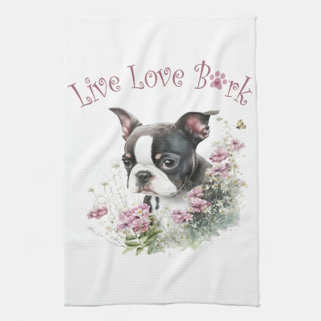 Linge De Cuisine Maman de Terrier de Boston Floral (Vertical)