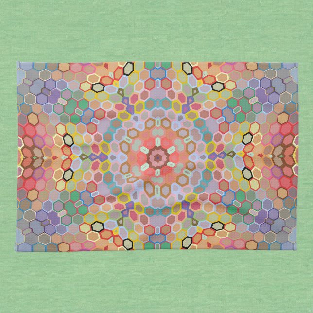 Linge De Cuisine Mandala arc-en-ciel en hexagone (Rainbow Hexagon Mandala Kitchen Towel by Wormhole Orbital)