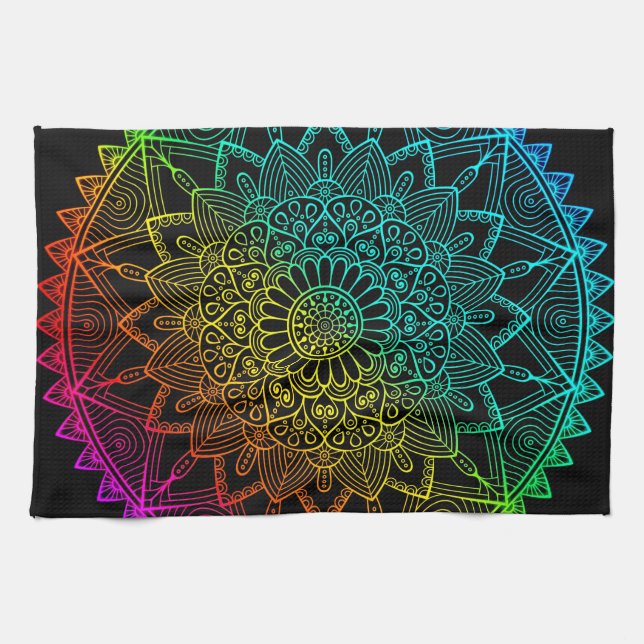 Linge De Cuisine Mandala Arc-en-ciel noir (Horizontal)