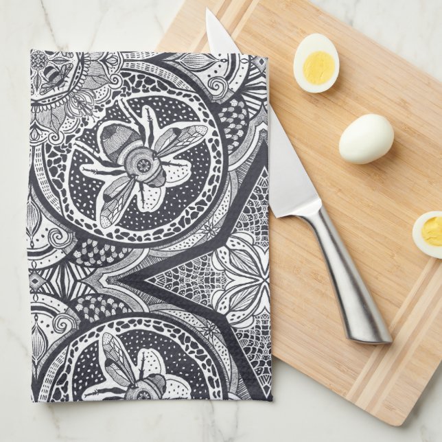 Linge De Cuisine Mandala de l'abeille mignonne dessiné à la main (Quart Plié)