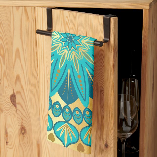 Linge De Cuisine Mandala Fleur Bleu Or (Pliage en tiers)