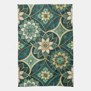 Linge De Cuisine Mandala floral émeraude et or - Ornemental