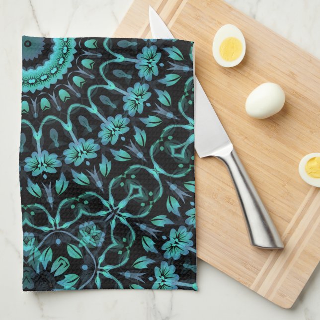 Linge De Cuisine Mandala Floral Noir Sarcelle Foncé (Quart Plié)