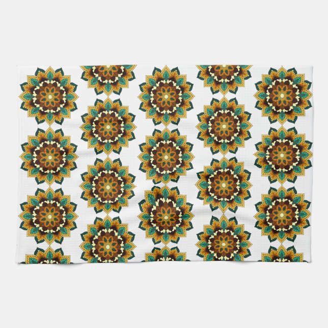 Linge De Cuisine Mandala Motif 2002 en tea jaune & tan (Horizontal)
