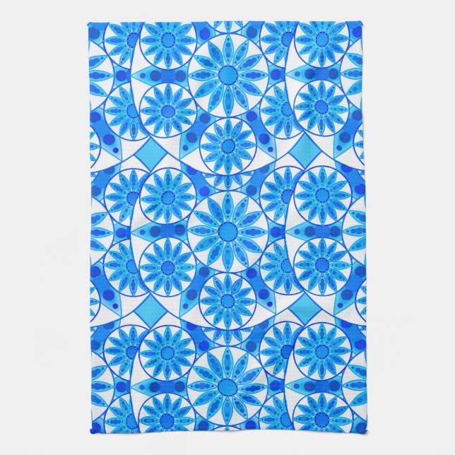 Linge De Cuisine Mandala Motif, Bleu de Cobalt, Turquoise et Blanc (Vertical)