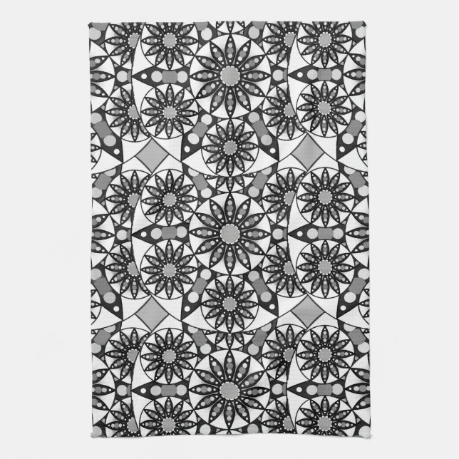 Linge De Cuisine Mandala motif, noir, blanc et gris  (Vertical)