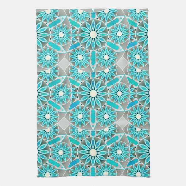 Linge De Cuisine Mandala Motif, Turquoise, gris argenté et blanc (Vertical)