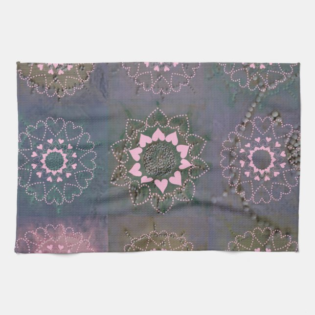 Linge De Cuisine Mandala rose en filigrane et gris de coeur (Horizontal)