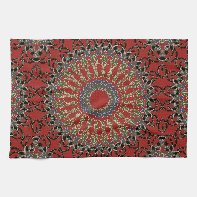 Linge De Cuisine Mandala rouge, vert et bleu (Horizontal)