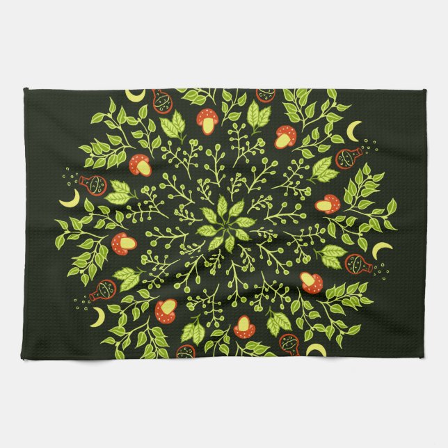 Linge De Cuisine Mandala sorcière verte - Potions et champignons (Horizontal)