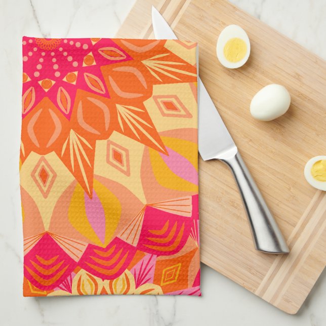 Linge De Cuisine Mandala superposé orange rose jaune (Quart Plié)