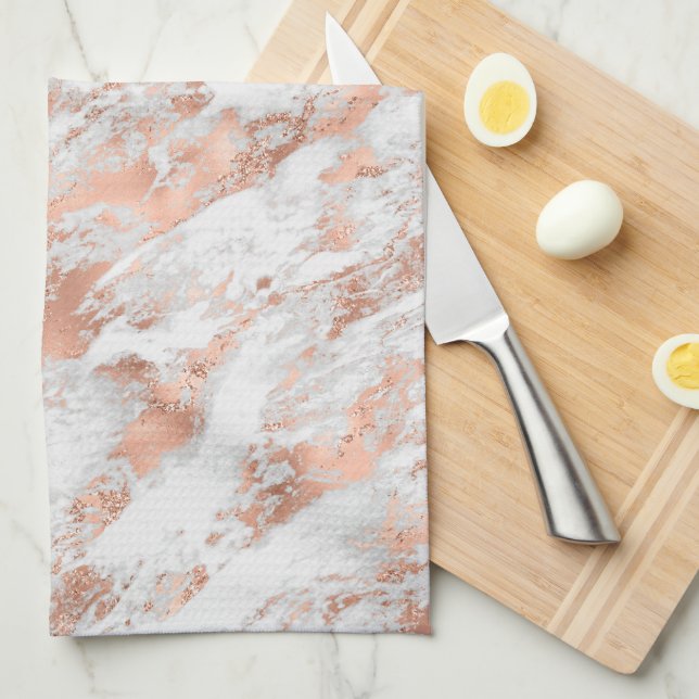 Linge De Cuisine Marbre 3 Or Rose et Blanc (Quart Plié)
