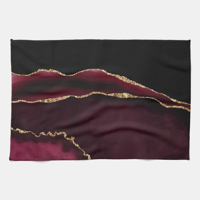 Linge De Cuisine Marbre Agate Chic Noir Violet Paillettes Dorées (Horizontal)