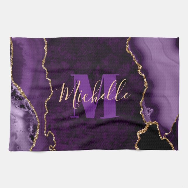 Linge De Cuisine Marbre Agate Monogramme Pailleté Or et Violet (Horizontal)