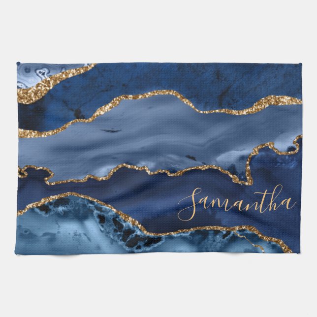 Linge De Cuisine Marbre agate pailleté bleu et or faux (Horizontal)