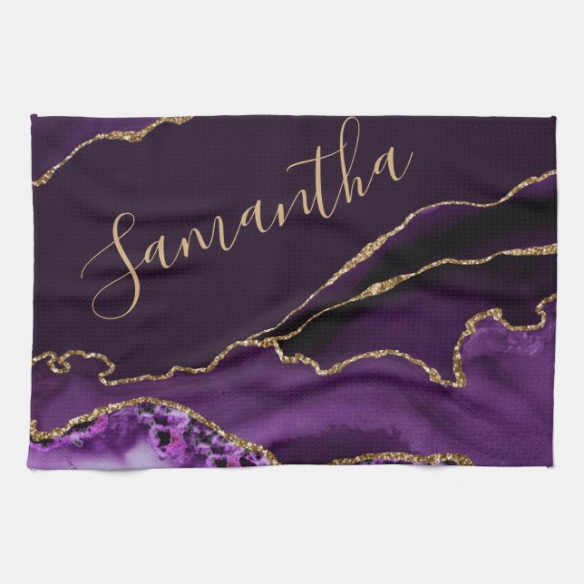 Linge De Cuisine Marbre Agate Pailleté Or et Violet Faux (Horizontal)