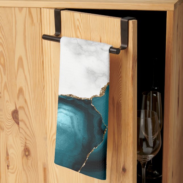 Linge De Cuisine Marbre blanc Agate sarcelle bleu doré (Pliage en tiers)
