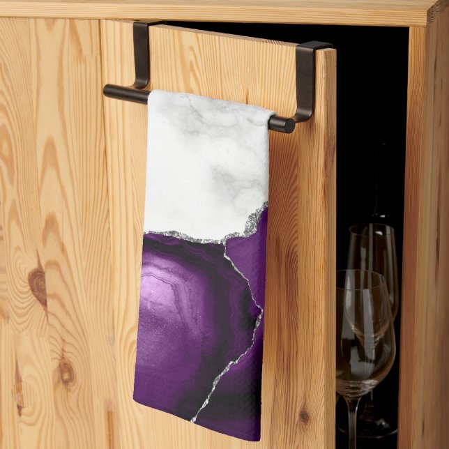Linge De Cuisine Marbre Blanc Agate Violet Argent (Pliage en tiers)
