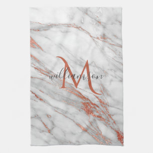 Linge De Cuisine Marbre Blanc Cuivre Or Rose Élégant Monogramme