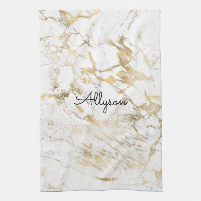 Linge De Cuisine Marbre Blanc et Or, Nom ou Monogramme en Script No (Vertical)