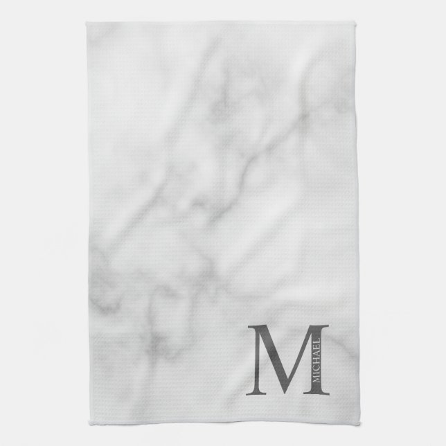 Linge De Cuisine Marbre blanc Monogramme personnalisé et nom (Vertical)