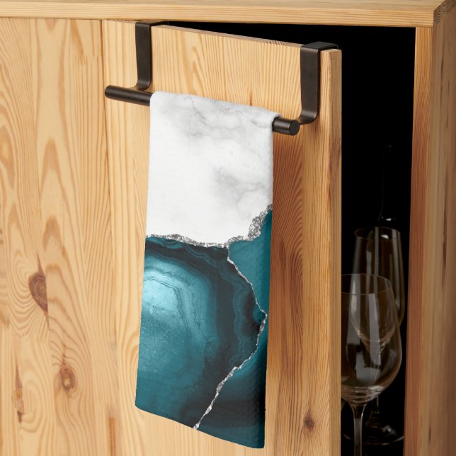 Linge De Cuisine Marbre blanc paillettes argentées agate bleu sarce (Pliage en tiers)