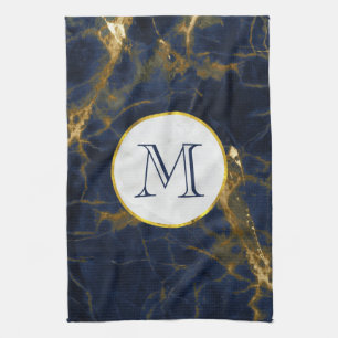 Linge De Cuisine Marbre bleu marine et or Marbre moderne Monogramme