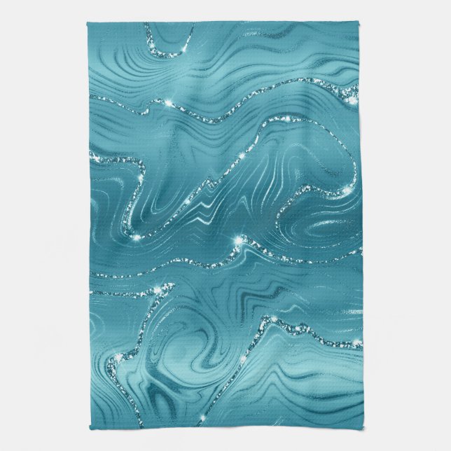 Linge De Cuisine Marbre bleu turquoise brillant Aqua (Vertical)