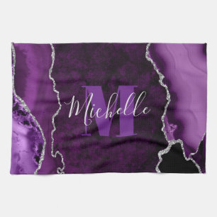 Linge De Cuisine Marbre d'agate à monogramme pailleté violet et arg