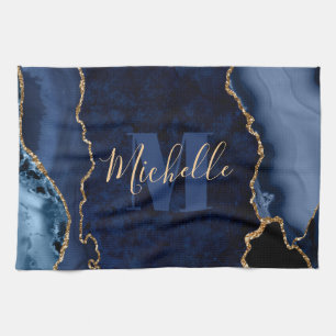 Linge De Cuisine Marbre d'agate à paillettes bleu marine et or avec