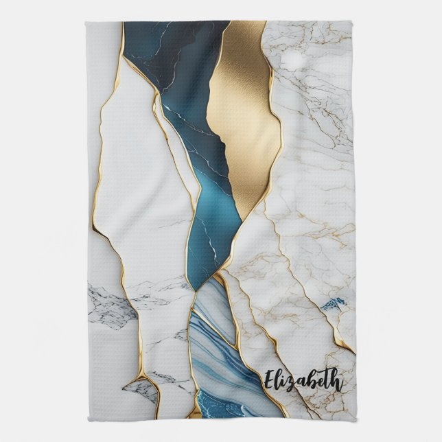 Linge De Cuisine Marbre de pierre de turquoise blanche Cool or (Vertical)