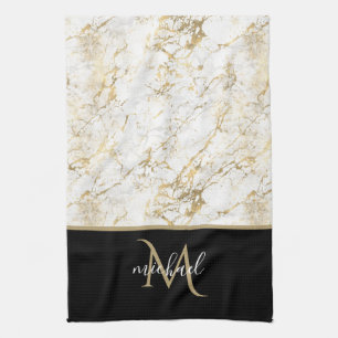 Linge De Cuisine Marbre doré et blanc avec monogramme noir