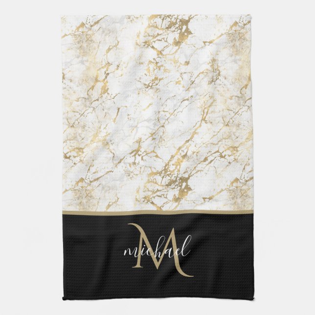 Linge De Cuisine Marbre doré et blanc avec monogramme noir (Vertical)