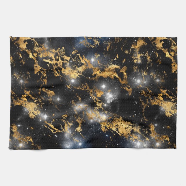 Linge De Cuisine Marbre Galaxie Aquarelle Noir et Or (Horizontal)