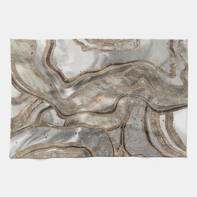 Linge De Cuisine Marbre liquide - perle et or (Horizontal)