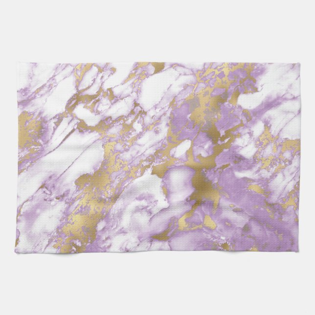 Linge De Cuisine Marbre Moderne Violet Clair, Blanc et Or (Horizontal)