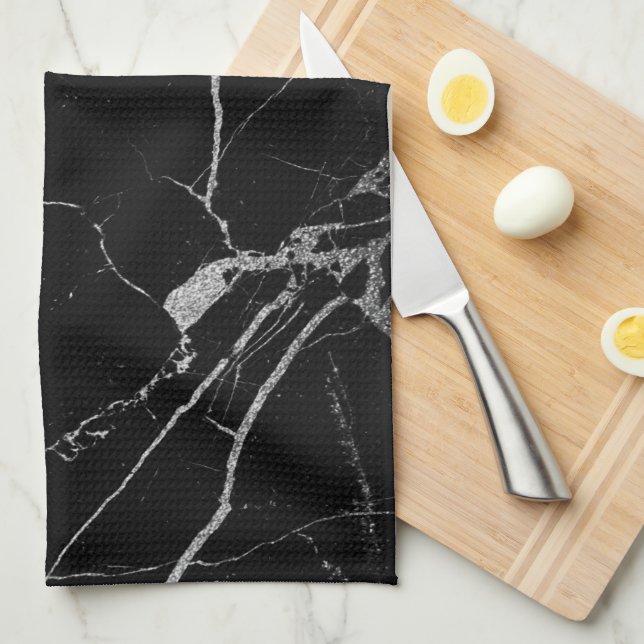 Linge De Cuisine Marbre noir et argent de la veine (Quart Plié)