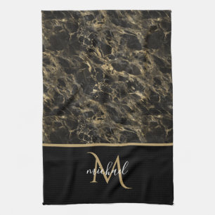 Linge De Cuisine Marbre noir et or Monogramme Élégant Luxe