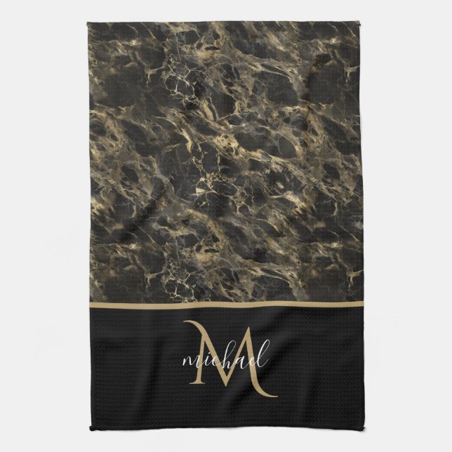 Linge De Cuisine Marbre noir et or Monogramme Élégant Luxe (Vertical)